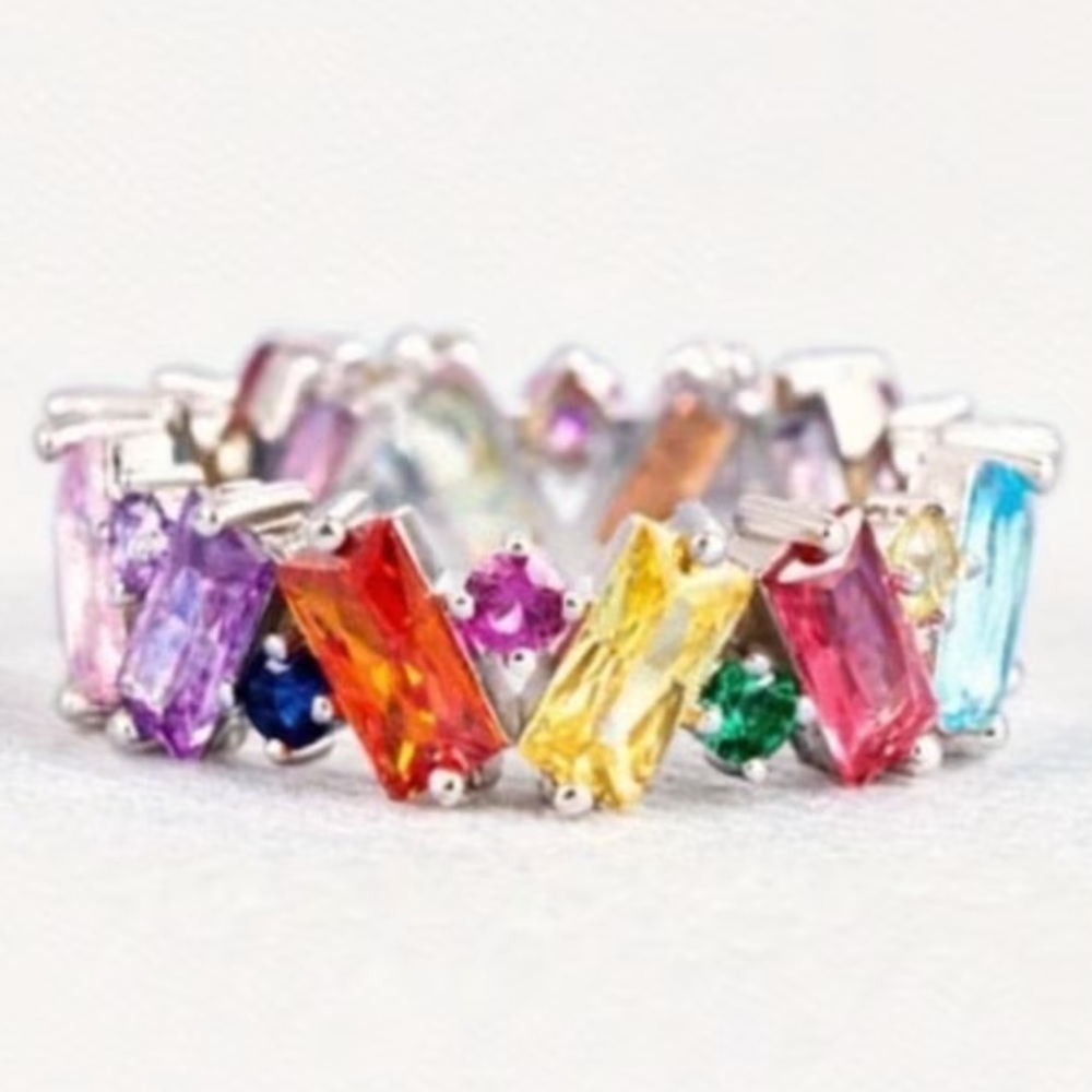 NEW Moissanite CZ Crystal Colorful Gemstone Silver Ring - SIZE 7